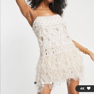ASOS pearl and feather embellished cami dress in light pink (almost white)